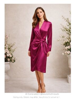 Fuchsia Satin Wrap Midi Dress Wedding Guest Cocktail Luxe